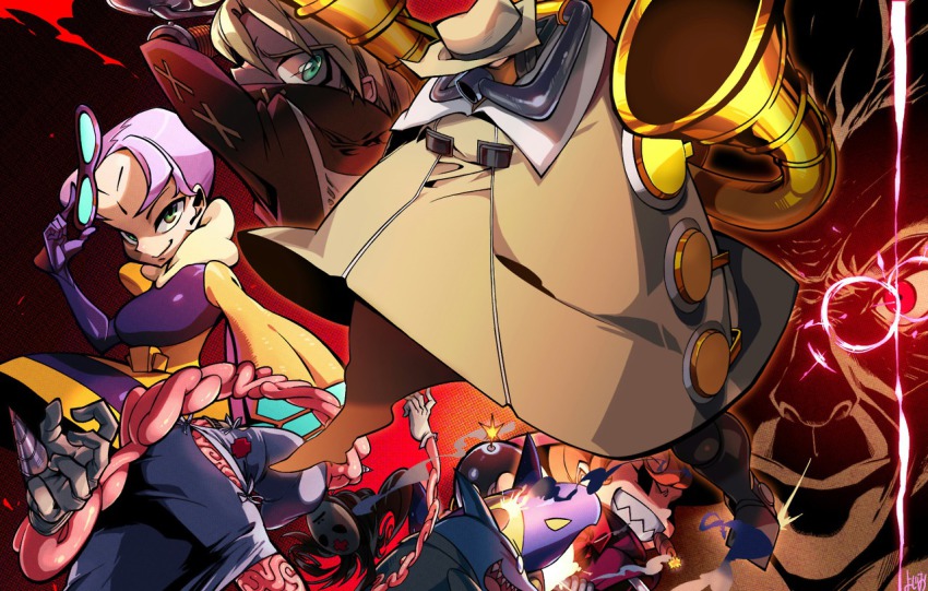 1boy 3girls avian_(skullgirls) big_band cigar coat cyborg fedora green_eyes hat hive_(skullgirls) ileum_(skullgirls) instrument leduc_(skullgirls) lenny_the_bomb md5_mismatch multiple_girls peacock_(skullgirls) purple_hair saxophone skullgirls stanley_whitefin trench_coat yojio_(2188)
