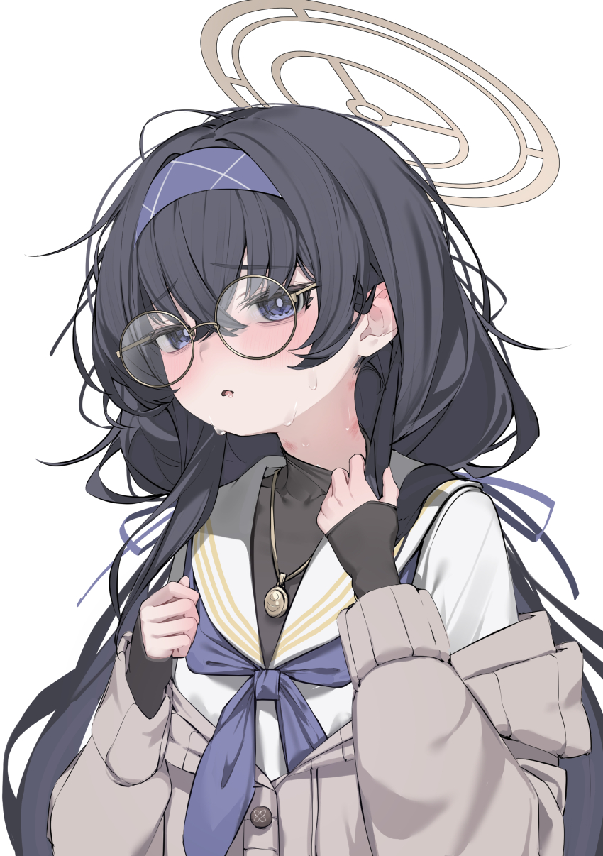 1girl absurdres black_hair black_shirt blue_archive blush brown_cardigan cardigan crossed_bangs glasses gold_necklace hair_between_eyes hairband hickey highres jewelry long_hair looking_at_viewer neckerchief necklace purple_eyes purple_hairband purple_neckerchief shirt sidelocks sleeves_past_wrists solo sweat turtleneck turtleneck_shirt ui_(blue_archive) upper_body white_shirt yoru_uyo