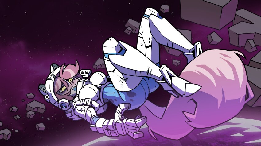 1girl :d absurdres animal_ears ass astronaut bodysuit breasts commentary full_body gauntlets grey_hair helmet highres knees_up large_breasts looking_at_viewer mittsies open_mouth planet red_background short_hair smile solo space space_helmet squirrel_ears squirrel_girl squirrel_tail tail teeth upper_teeth_only vanripper yellow_eyes