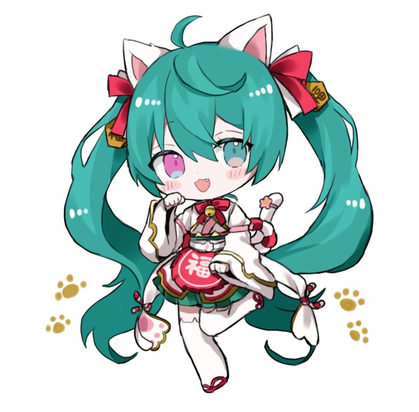 1girl :3 :d ahoge animal_ear_legwear animal_ears blush cat_ear_legwear cat_ears cat_tail chibi fang good_fortune_symbol green_eyes green_hair hair_between_eyes hair_ornament hair_ribbon heterochromia highres long_hair maro_maro_3939 open_mouth paw_pose pink_eyes ribbon smile solo tail thighhighs twintails very_long_hair vocaloid white_thighhighs