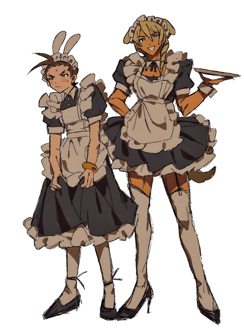 2boys :d ace_attorney alternate_costume animal_ears antenna_hair apollo_justice:_ace_attorney apron black_shoes blonde_hair blue_eyes blush bracelet brown_hair buttons collared_dress crossdressing crossdressing_(mtf) dark-skinned_male dark_skin detached_collar dog_ears dog_tail dress drill_hair frilled_apron frills full_body gold_bracelet grgrton hair_between_eyes high_heels highres holding holding_plate jewelry long_hair maid maid_apron maid_headdress male_focus multiple_boys open_mouth plate puffy_dress puffy_short_sleeves puffy_sleeves rabbit_ears shoes short_dress short_hair short_sleeves side_drill simple_background sketch smile stiletto_heels sweat tail trap white_background white_wrist_cuffs wrist_cuffs