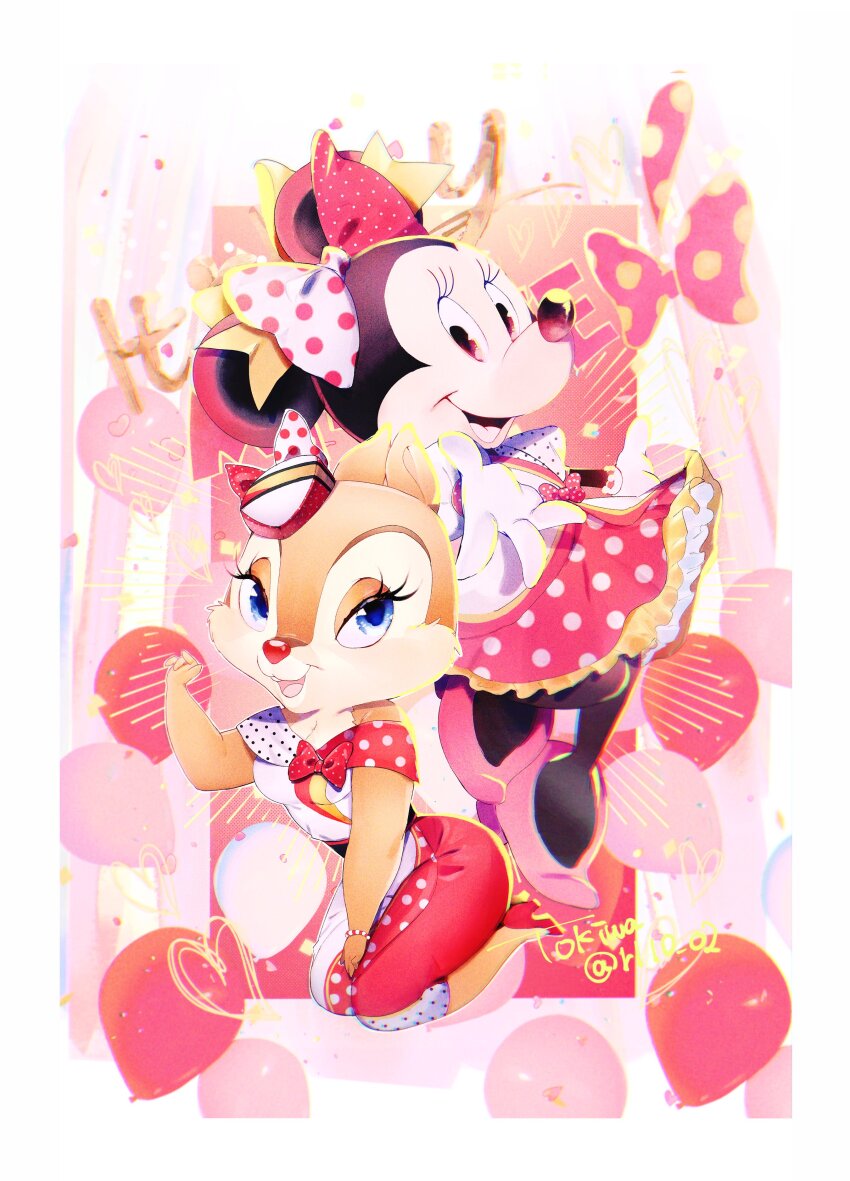 2girls absurdres alternate_costume animal_ears blue_eyes bow chipmunk_ears chipmunk_girl clarice_(disney) disney dress eyelashes full_body hair_ornament highres looking_at_viewer mickey_mouse_&amp;_friends minnie_mouse mouse_ears mouse_girl multiple_girls open_mouth rl10_02 smile