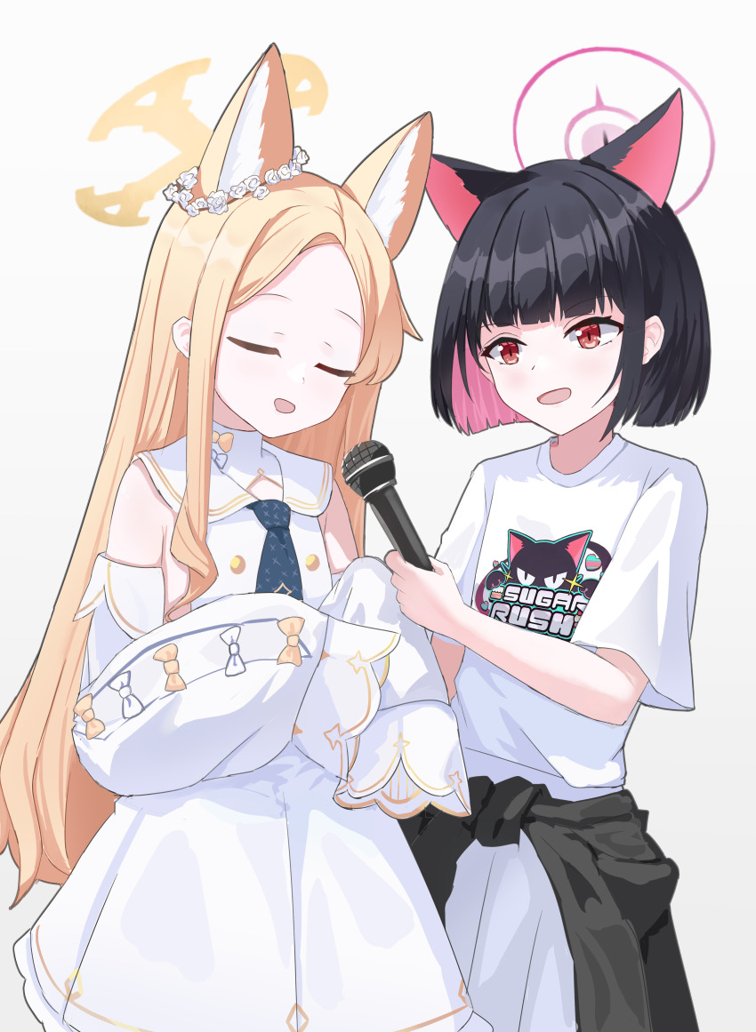 2girls :d absurdres animal_ear_fluff animal_ears animal_print bare_shoulders black_hair blonde_hair blue_archive blunt_bangs blunt_ends bob_cut bow buttons cat_ears cat_girl cat_print chinese_commentary closed_eyes colored_inner_hair commentary cowboy_shot cross_halo detached_sleeves double-breasted dress extra_ears flower_wreath forehead fox_ears fox_girl halo hands_up head_wreath highres holding holding_microphone kazusa_(band)_(blue_archive) kazusa_(blue_archive) light_blush long_hair looking_at_another microphone mixian multicolored_hair multiple_girls official_alternate_costume open_mouth parted_bangs pink_hair pink_halo print_shirt red_eyes sailor_collar school_uniform seia_(blue_archive) serafuku shirt short_hair short_sleeves simple_background sleeve_bow sleeveless sleeveless_dress sleeves_past_fingers sleeves_past_wrists smile straight_hair t-shirt very_long_hair white_background white_bow white_dress white_sailor_collar white_shirt wide_sleeves yellow_bow yellow_halo