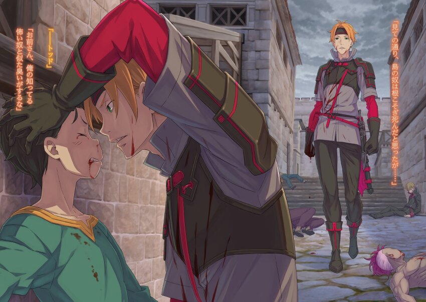 2boys against_wall alley antenna_hair arm_up armor axe battle_axe belt belt_pouch black_armor black_boots black_gloves blood blood_on_clothes blood_on_face boots brick brick_floor brick_wall building clenched_hands clenched_teeth closed_eyes cloud cloudy_sky collarbone collared_shirt corpse eye_contact face-to-face faceless faceless_male from_side full_body gloves green_eyes green_shirt grey_shirt hand_in_another&#039;s_hair headband high_collar highres layered_sleeves long_sleeves looking_at_another lying multiple_boys natsuki_subaru nosebleed novel_illustration official_art on_back ootsuka_shin&#039;ichirou orange_hair outdoors parted_bangs parted_lips people pile_of_corpses pouch profile purple_belt purple_shirt re:zero_kara_hajimeru_isekai_seikatsu shirt short_hair short_over_long_sleeves short_sleeves shoulder_armor sitting sky stairs teeth third-party_source todd_fang two-tone_shirt upper_body very_short_hair weapon