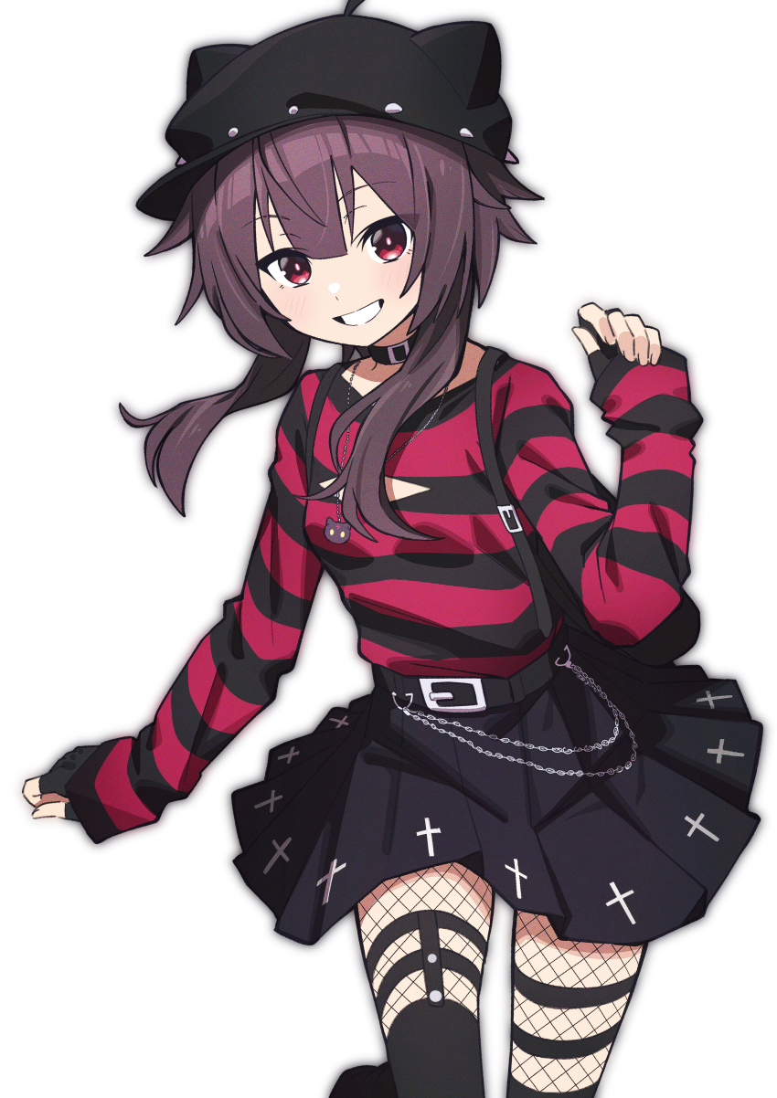 1girl absurdres animal_collar animal_hat belly_chain belt black_belt black_collar black_gloves black_hat black_skirt black_stripes black_thighhighs brown_hair cachi_lo cat_hat collar commentary contemporary cowboy_shot fingerless_gloves fishnet_pantyhose fishnets garter_straps gloves grin hat highres jewelry kono_subarashii_sekai_ni_shukufuku_wo! long_sleeves looking_at_viewer megumin miniskirt pantyhose pleated_skirt red_eyes red_shirt shirt short_hair short_hair_with_long_locks simple_background skirt sleeves_past_wrists smile solo standing standing_on_one_leg striped_clothes striped_shirt thighhighs white_background