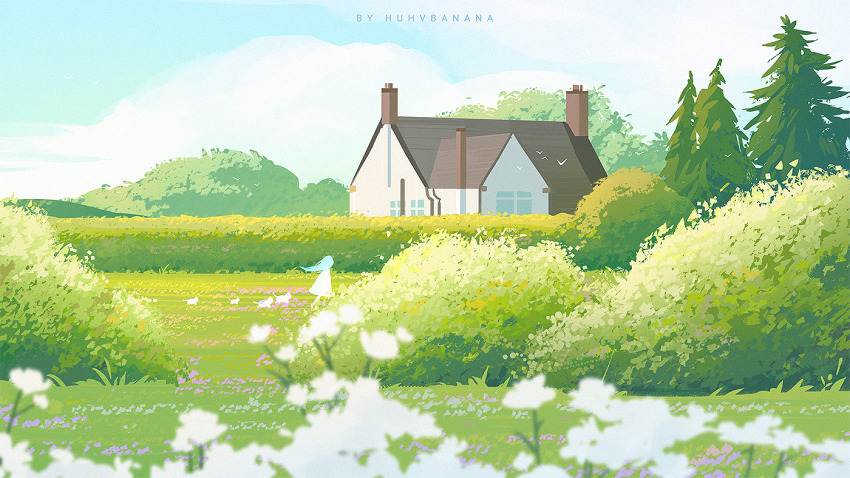 1girl artist_name bird blue_sky blurry bush cloud day depth_of_field dress field flower flower_field grass house huhv. nature original outdoors scenery sky solo tree white_dress white_flower window