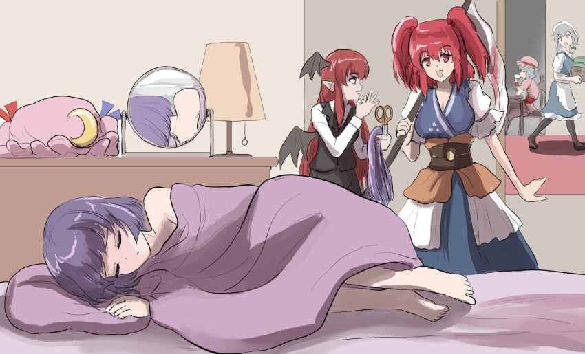 5girls :d apron barefoot basket bat_wings bed_sheet black_pantyhose black_skirt black_vest black_wings blue_dress blue_kimono breasts brown_footwear brown_sash chain cleavage coin coin_on_string collared_shirt cup cutting_another&#039;s_hair cutting_hair demon_girl demon_wings desk desk_lamp dress drinking frilled_apron frilled_dress frills grey_hair hat head_wings holding holding_basket izayoi_sakuya japanese_clothes kimono koakuma lamp loafers long_hair long_sleeves medium_hair mirror mob_cap mug multiple_girls namiki_(remiter00) nudist onozuka_komachi open_mouth pantyhose patchouli_knowledge pink_dress pink_hat pointy_ears puffy_short_sleeves puffy_sleeves red_eyes red_hair remilia_scarlet scissors scythe shirt shoes short_hair short_sleeves sidelocks sitting sketch skirt sleeping sleeping_nude small_breasts smile table teacup touhou very_long_hair vest waist_apron walking white_apron white_shirt wings