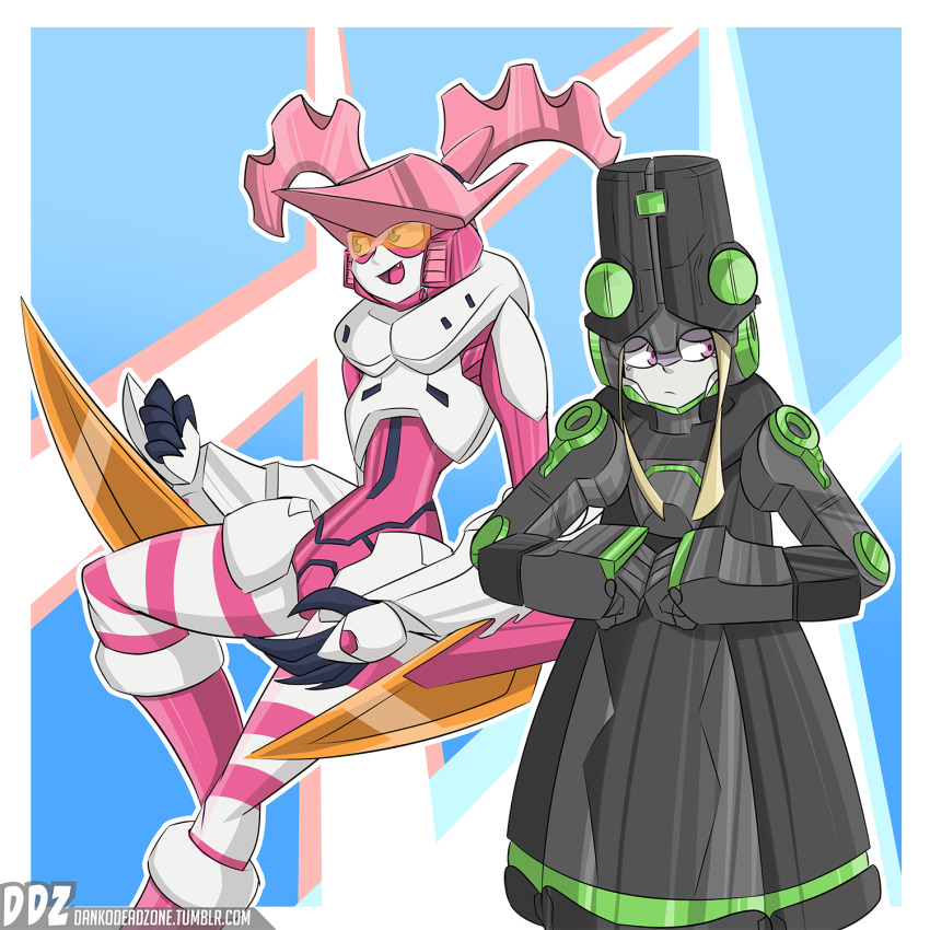 2girls argentea_(darling_in_the_franxx) arm_blade armor blonde_hair breasts cherno_alpha closed_mouth colored_skin crossover dankodeadzone dark-skinned_female dark_skin darling_in_the_franxx genista_(darling_in_the_franxx) hat highres joints mecha multiple_girls pacific_rim pink_eyes robot robot_girl robot_joints tacit_ronin twintails weapon
