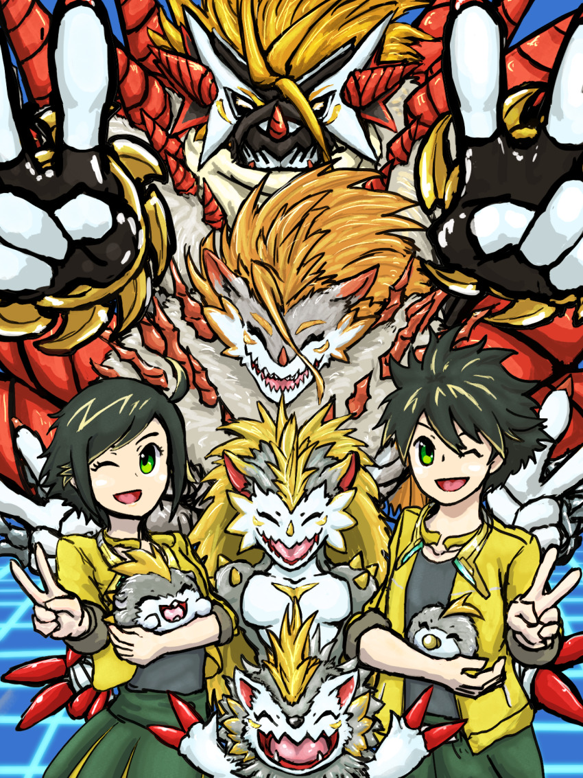 closed_eyes digimon double_v female_protagonist_(digimon_rearise) filmon herissmon highres male_protagonist_(digimon_rearise) one_eye_closed pacifier pusumon pusurimon rasenmon smile stiffilmon v wink