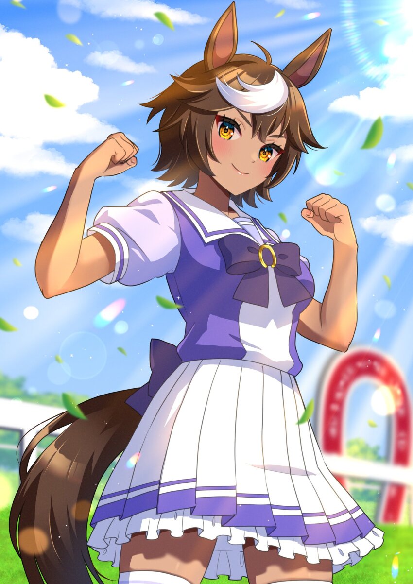 1girl ahoge animal_ears blue_bow bow brown_hair clenched_hands erenshu falling_leaves highres horse_ears horse_girl horse_tail leaf multicolored_hair pleated_skirt purple_shirt sailor_collar school_uniform second-party_source shirt short_hair skirt smile solo star_(symbol) star_in_eye streaked_hair symbol_in_eye tail thighhighs tomoe_umari tracen_school_uniform two-tone_shirt umamusume white_hair white_sailor_collar white_shirt white_skirt white_thighhighs yellow_eyes zettai_ryouiki