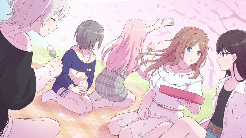 5girls bang_dream! bang_dream!_it&#039;s_mygo!!!!! belt black_shirt blue_eyes blue_hoodie blue_shoes blush brown_belt brown_hair cherry_blossoms chihaya_anon closed_eyes closed_mouth commentary dango dress eating falling_petals food grey_dress grey_hair hanami highres hood hood_down hoodie jacket kaname_raana layered_sleeves long_hair long_sleeves mole mole_under_eye multiple_girls mygo!!!!!_(bang_dream!) nagasaki_soyo no_shoes novi_visual open_mouth petals pinafore_dress pink_hair plaid_clothes plaid_dress purple_eyes sanshoku_dango seiza selfie shiina_taki shirt shoes short_hair short_over_long_sleeves short_sleeves sidelocks sitting skirt sleeveless sleeveless_dress socks takamatsu_tomori wagashi white_hair white_jacket white_shirt white_skirt white_socks