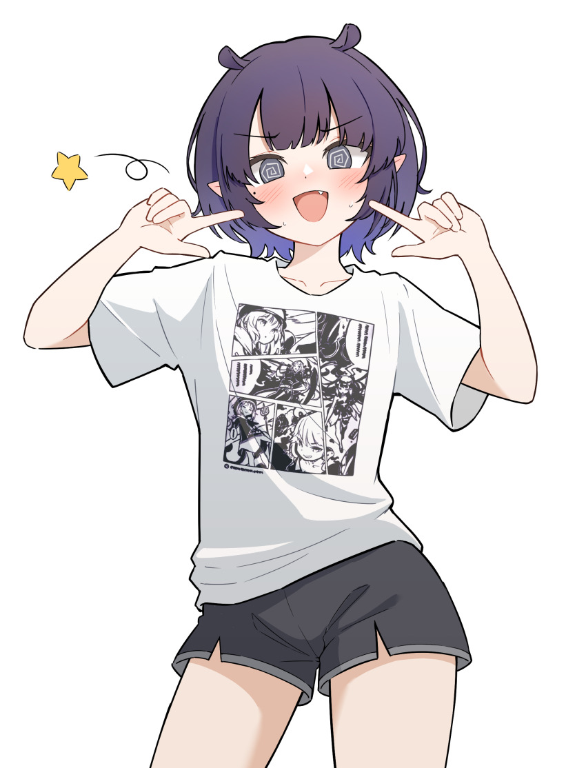 1girl @_@ absurdres bakedmonogamy black_shorts commentary english_commentary fang gawr_gura gawr_gura_(1st_costume) grey_eyes highres hololive hololive_english looking_at_viewer mole mole_under_eye mori_calliope mori_calliope_(1st_costume) ninomae_ina&#039;nis ninomae_ina&#039;nis_(1st_costume) ninomae_ina&#039;nis_(loungewear) official_alternate_costume open_mouth pointy_ears purple_hair shirt short_hair short_shorts shorts simple_background solo star_(symbol) takanashi_kiara takanashi_kiara_(1st_costume) virtual_youtuber watson_amelia watson_amelia_(1st_costume) white_background white_shirt