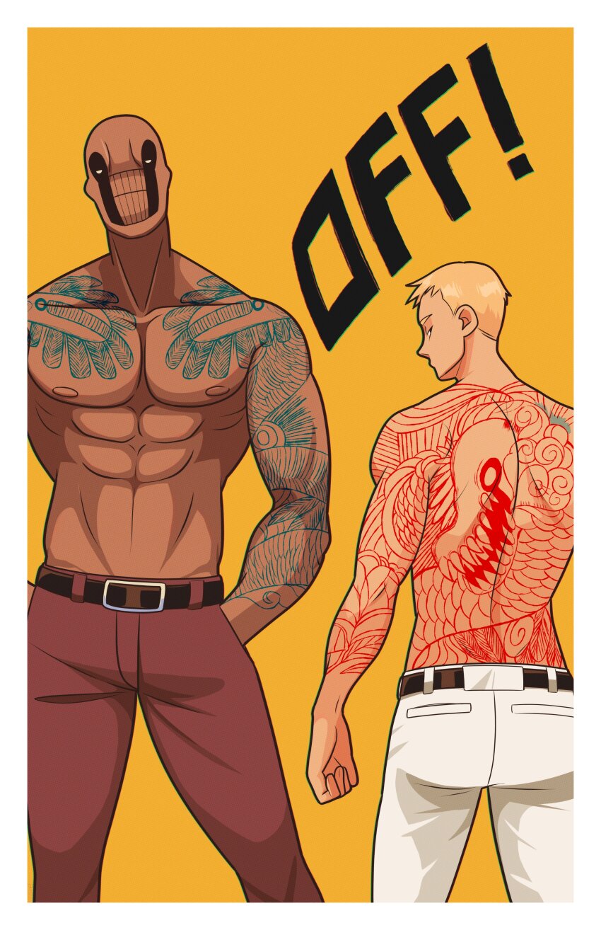 2boys abs absurdres bald belt belt_buckle black_belt border brown_pants buckle commentary copyright_name curled_fingers dedan_(off) english_text feet_out_of_frame groin hand_in_pocket hashtag-only_commentary highres looking_at_viewer looking_back male_focus monster_boy multiple_boys nipples off_(game) pants pectorals short_hair standing tanblaque tattoo teeth the_batter_(off) topless_male white_border white_eyes white_pants