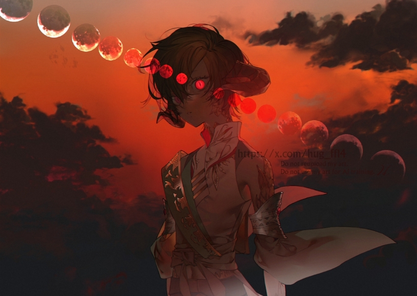 1girl bare_shoulders cloud cloudy_sky crescent_moon detached_sleeves dragon_horns full_moon half_moon horns hug_ff14 looking_at_viewer moon moon_phases new_moon original short_hair sky slit_pupils solo sunset wide_sleeves