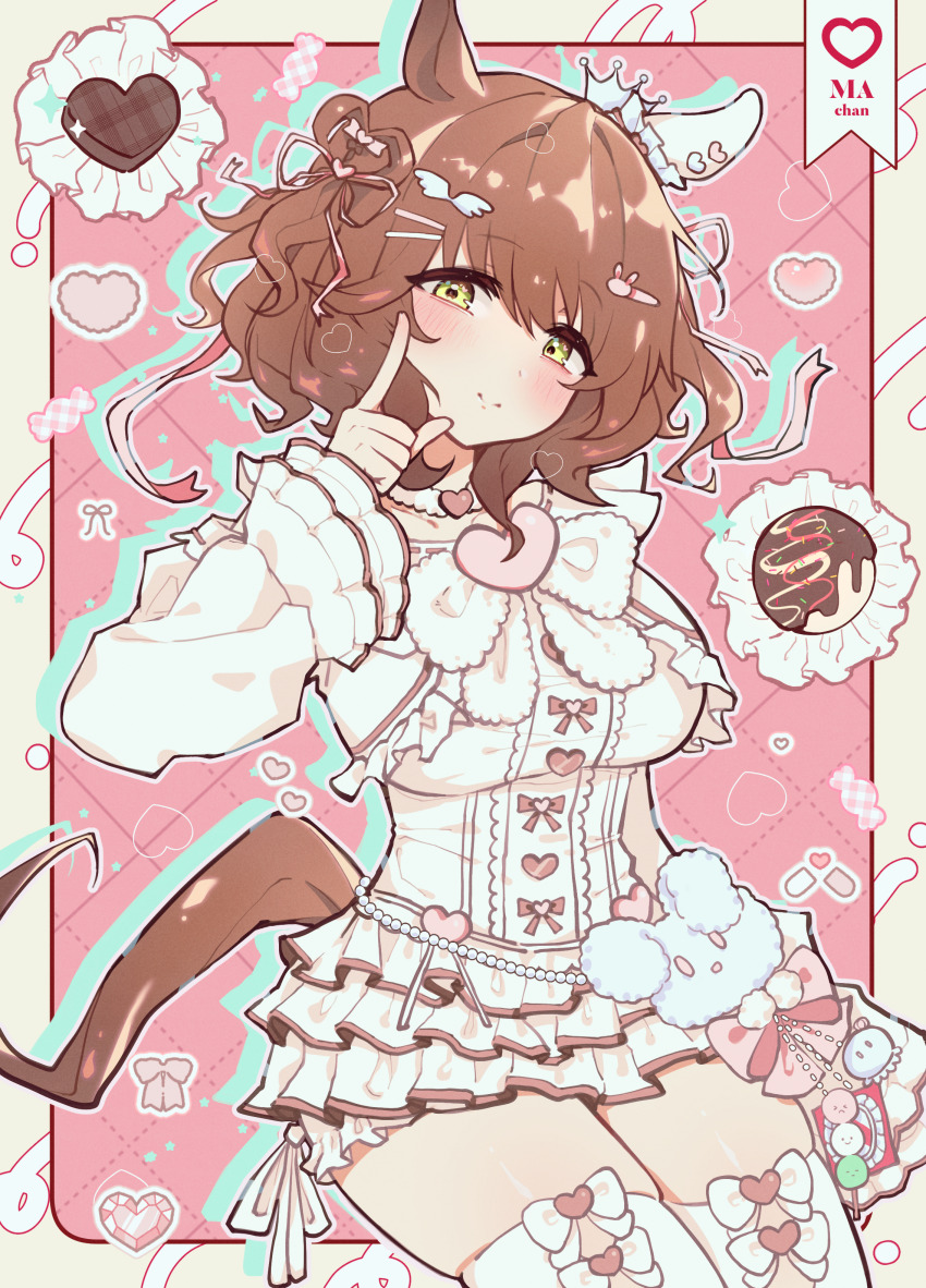1girl absurdres animal_ears aston_machan_(everlasting_candy)_(umamusume) aston_machan_(umamusume) blush breasts brown_hair chocolate commentary_request food green_eyes hair_between_eyes hair_ornament highres horse_girl looking_at_viewer medium_breasts ribbon shironism smile solo thighhighs umamusume