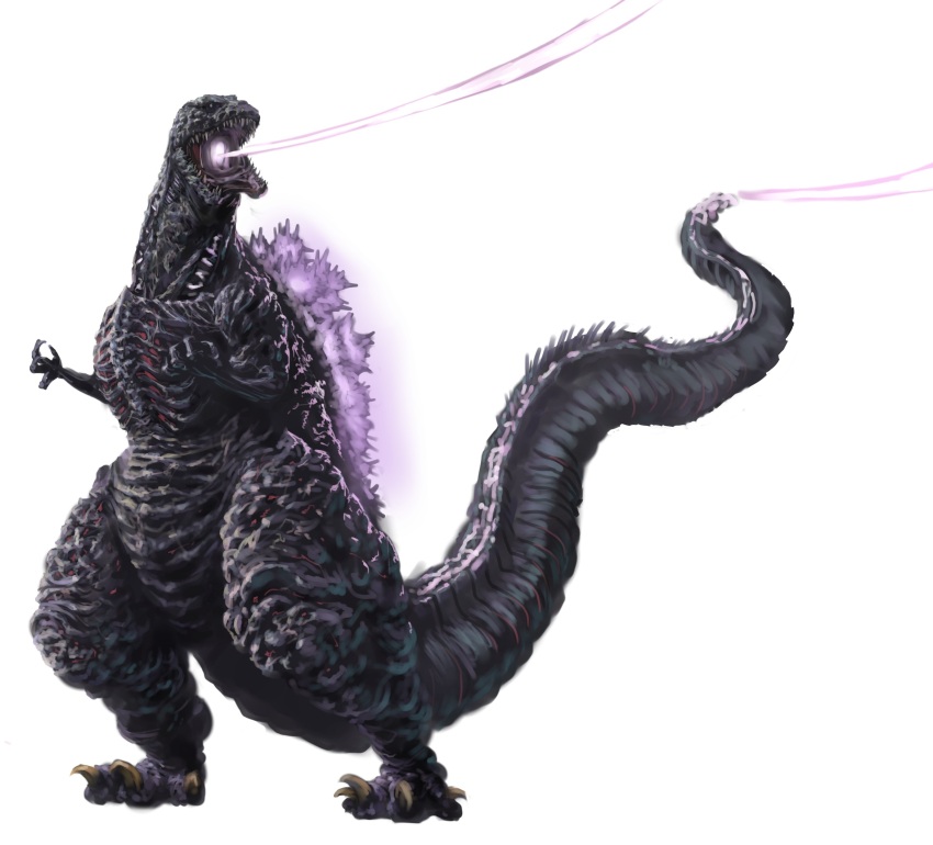 absurdres atomic_breath breath_weapon energy energy_beam giant giant_monster glowing glowing_spikes godzilla godzilla_(series) godzilla_(shin) highres kaiju mouth_beam multiple_heads no_humans plasma plasma_beam shin_godzilla simple_background spikes tail tail_beam tail_head toho ultra-taf white_background