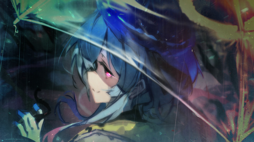 1boy arknights blue_hair blue_hat glowing glowing_eye hat highres long_hair looking_at_viewer looking_back mizuki_(arknights) pink_eyes rain ribiadan smile solo transparent transparent_umbrella umbrella upper_body