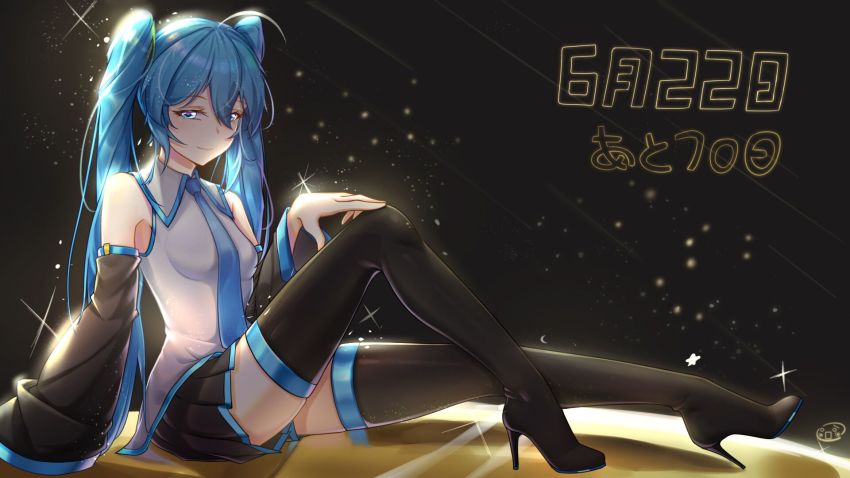 1girl ahoge arm_support bare_shoulders black_background black_boots black_skirt black_sleeves black_thighhighs blue_eyes blue_hair blurry bokeh boots chinese_commentary commentary dated depth_of_field detached_sleeves diffraction_spikes female_focus grey_shirt half-closed_eyes hand_on_own_knee hatsune_miku high_heel_boots high_heels highres knee_up long_hair looking_at_viewer miniskirt necktie pleated_skirt shirt sidelighting sitting skirt sleeveless sleeveless_shirt solo sparkle stiletto_boots stiletto_heels thigh_boots thighhighs translated twintails very_long_hair vocaloid zettai_ryouiki zuiai_gongzhu_dianxia