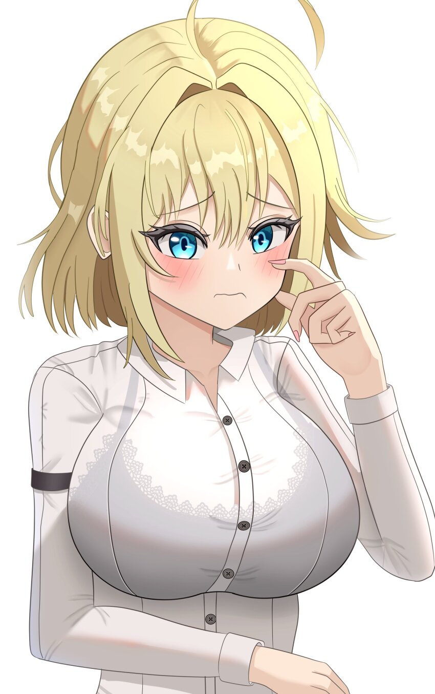 1girl absurdres black_bra blonde_hair blue_eyes blush bra breasts buttons embarrassed from_above highres large_breasts looking_at_viewer original scratches see-through_clothes shirt solo underwear white_shirt yissou_art