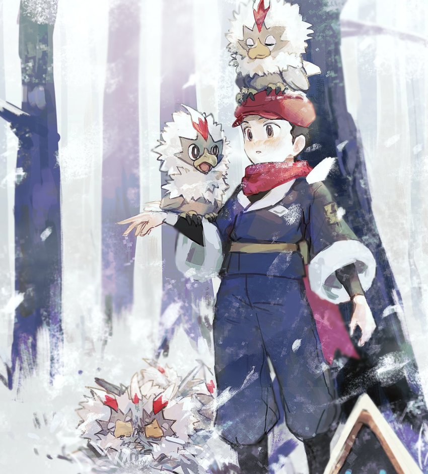 1boy bare_tree bird black_shirt blouse blush gen_3_pokemon gen_5_pokemon grey_jacket grey_pants hat highres jacket logo male_focus maumaujanken nintendo on_head pants parted_lips pokemon pokemon_(creature) pokemon_legends:_arceus pokemon_on_head red_headwear red_scarf rei_(pokemon) rufflet scarf shirt short_hair snorunt snowing tree