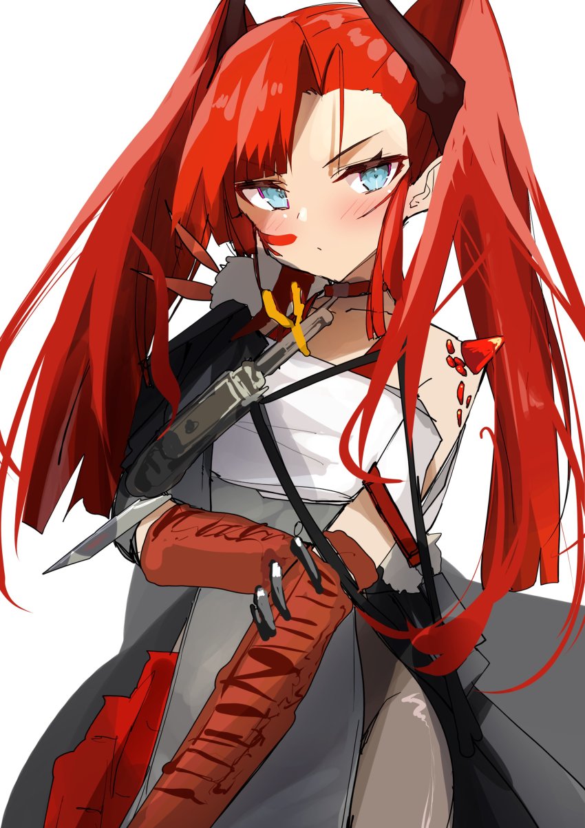 1girl absurdres arknights blue_eyes blush choker dragon_horns highres horns kamiya_mitobe long_hair looking_at_viewer material_growth oripathy_lesion_(arknights) red_hair simple_background sketch solo toddifons_(arknights) twintails upper_body white_background