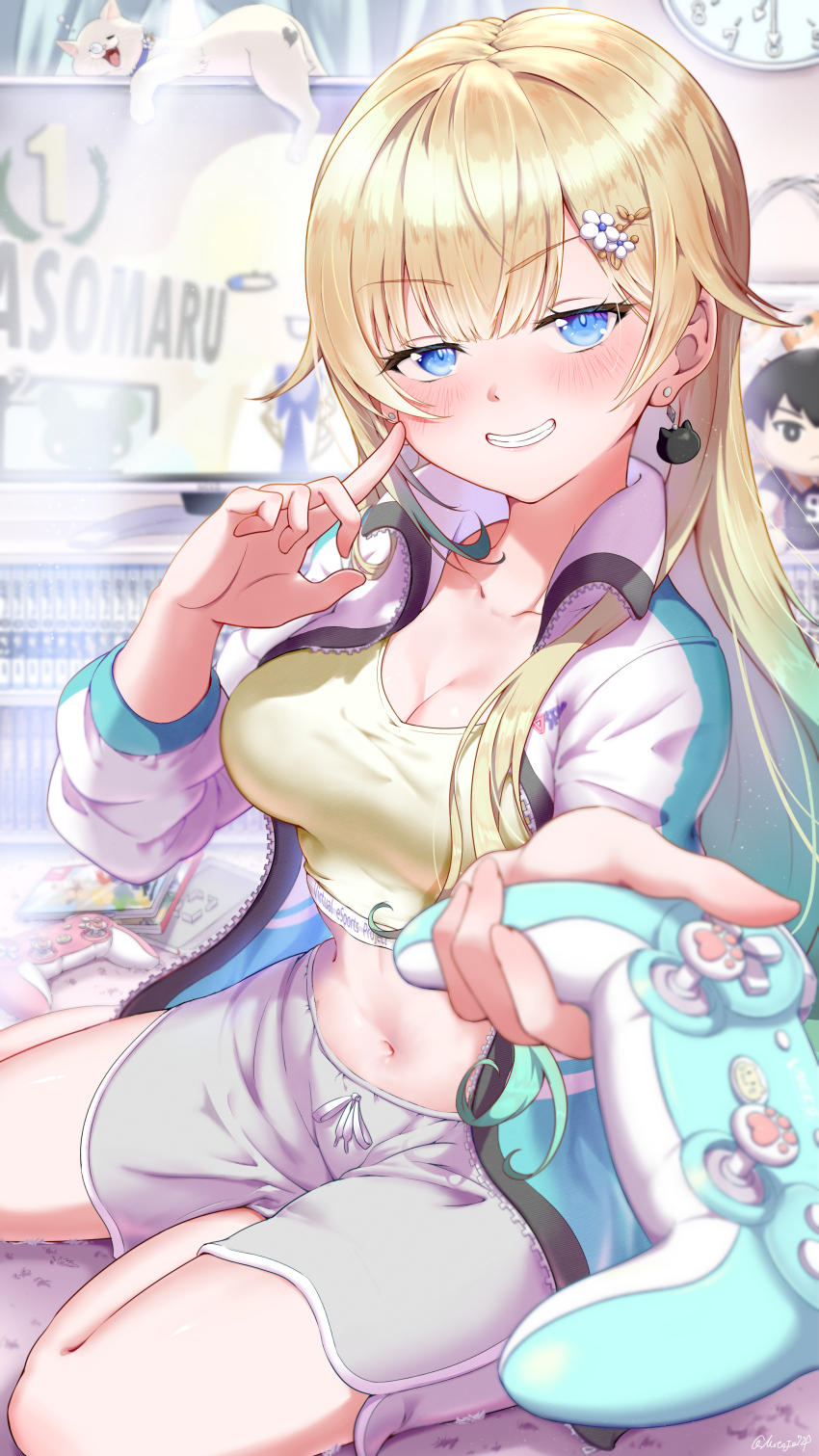 1girl absurdres aizawa_ema blonde_hair blue_eyes blunt_bangs blush breasts casual cat cat_earrings cleavage clock clothes_writing controller copyright_name crop_top earrings finger_to_cheek flower foreshortening game_controller gradient_hair green_hair grin hair_flaps hair_flower hair_ornament hairclip highres index_finger_raised jacket large_breasts long_hair motoja_72p multicolored_hair navel open_clothes open_jacket pink_shorts shorts sitting smile solo stomach tank_top television virtual_youtuber vspo! wall_clock yellow_tank_top zipper