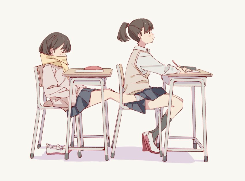 2girls bob_cut brown_hair chair closed_eyes cold desk from_side highres holding holding_pencil multiple_girls original pencil pleated_skirt ponytail popman3580 scarf school_chair school_desk school_uniform shoes sitting skirt unworn_shoes uwabaki white_background yellow_scarf