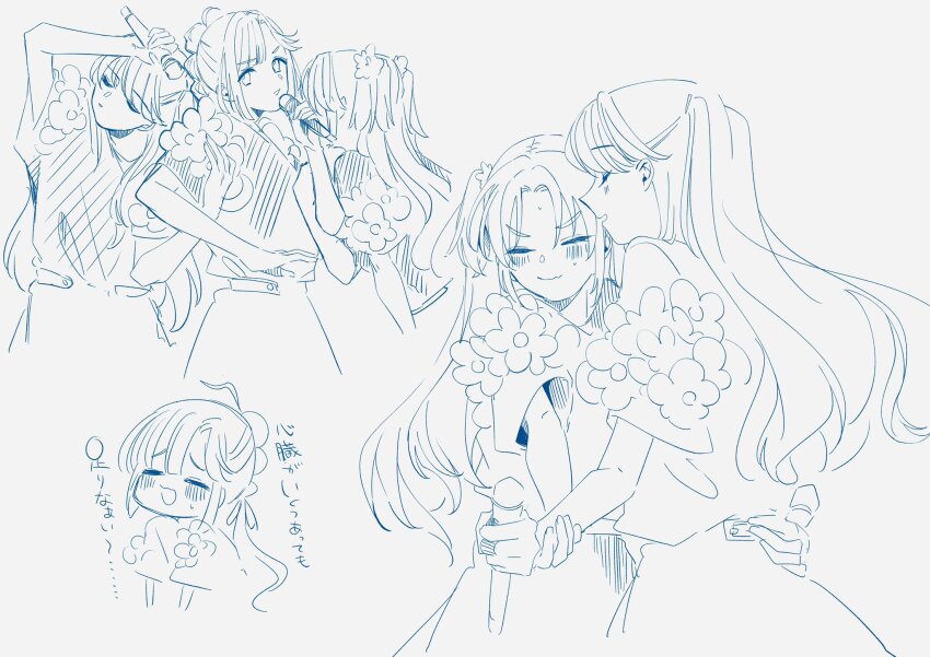 3girls 4th_live_dream_~bloom_the_dream_believers~ :d ahoge anyoji_hime arm_up blue_theme blush closed_eyes closed_mouth commentary curtained_hair fang fang_out fujishima_megumi hair_ribbon hand_on_another&#039;s_arm hand_on_another&#039;s_back hasu_no_sora_school_uniform highres holding holding_microphone link!_like!_love_live! long_hair love_live! mahara_jamboree_ii microphone mira-cra_park! monochrome multi-tied_hair multiple_girls multiple_views open_mouth osawa_rurino parted_bangs parted_lips ponytail raised_inner_eyebrows ribbon school_uniform shin_(shnnnnrn1) shirt shirt_flower sidelocks simple_background skin_fang skirt smile t-shirt translation_request twintails two_side_up v-shaped_eyebrows virtual_youtuber white_background wilted_ahoge yuri