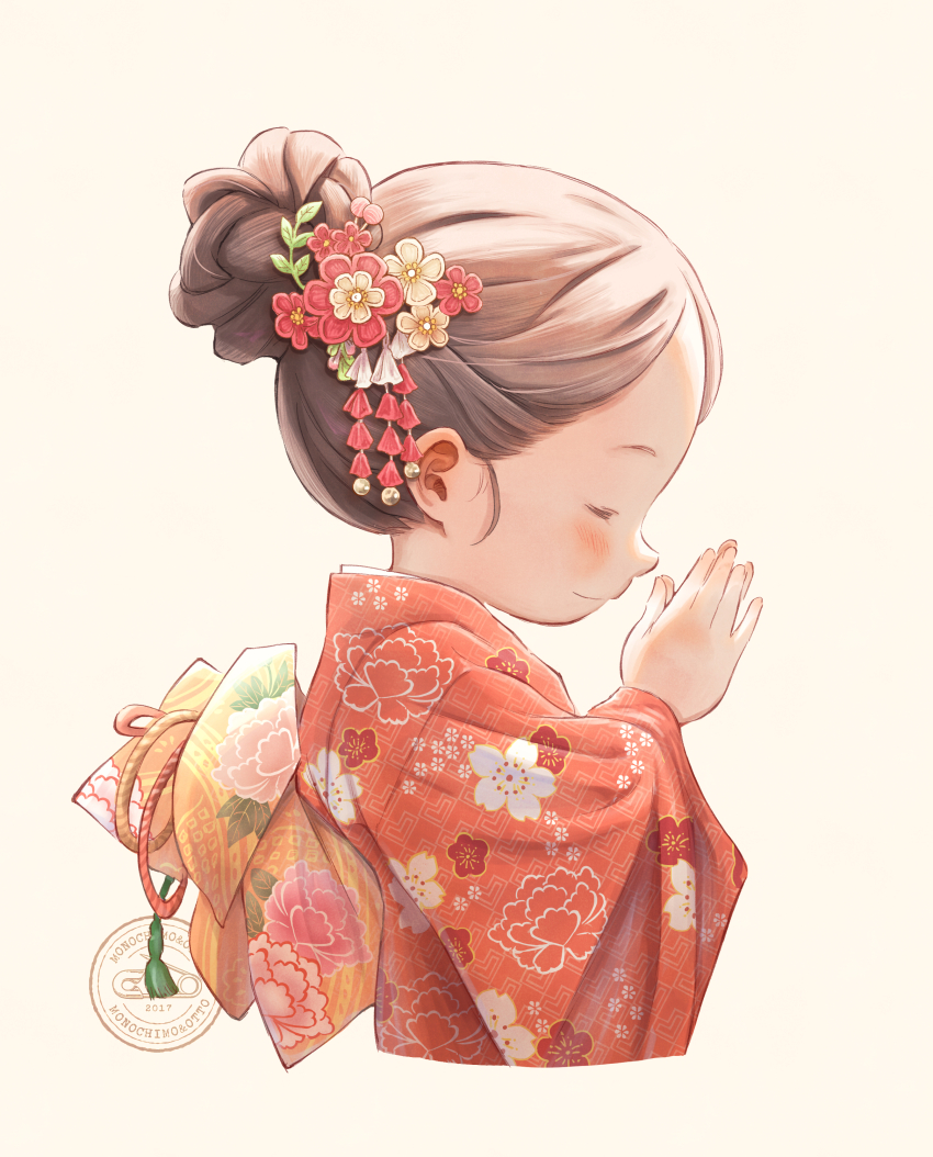 1girl 2017 absurdres artist_name blush brown_hair child closed_eyes cropped_torso floral_print flower from_side hair_flower hair_ornament highres japanese_clothes kimono original otto_(otto52coffee) own_hands_together praying profile red_kimono simple_background smile solo updo watermark white_background