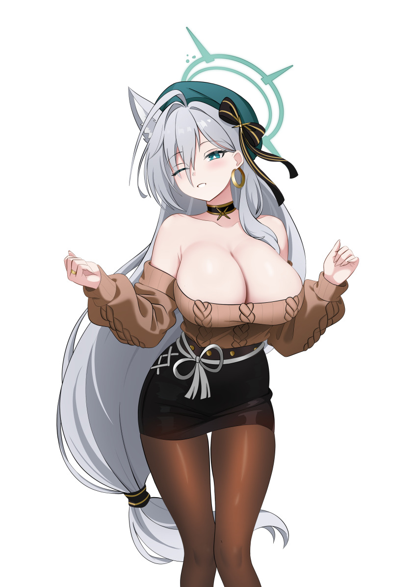 absurdres ahoge alternate_breast_size_(larger) alternate_costume animal_ears arms_up azur_lane belfast_(azur_lane) belfast_(azur_lane)_(cosplay) belfast_(shopping_with_the_head_maid)_(azur_lane) belfast_(shopping_with_the_head_maid)_(azur_lane)_(cosplay) beret black_bow black_choker black_skirt blue_archive blush bow breasts brown_pantyhose brown_sweater casual cawl choker cleavage commentary cosplay earrings english_commentary gold_earrings green_eyes green_halo green_hat grey_hair hair_bow hair_over_one_eye hair_tie halo hat highres hoop_earrings huge_breasts jewelry long_hair long_sleeves one_eye_closed pantyhose pencil_skirt ribbed_sweater shiroko_terror_(blue_archive) skirt smile sweater very_long_hair wolf_ears