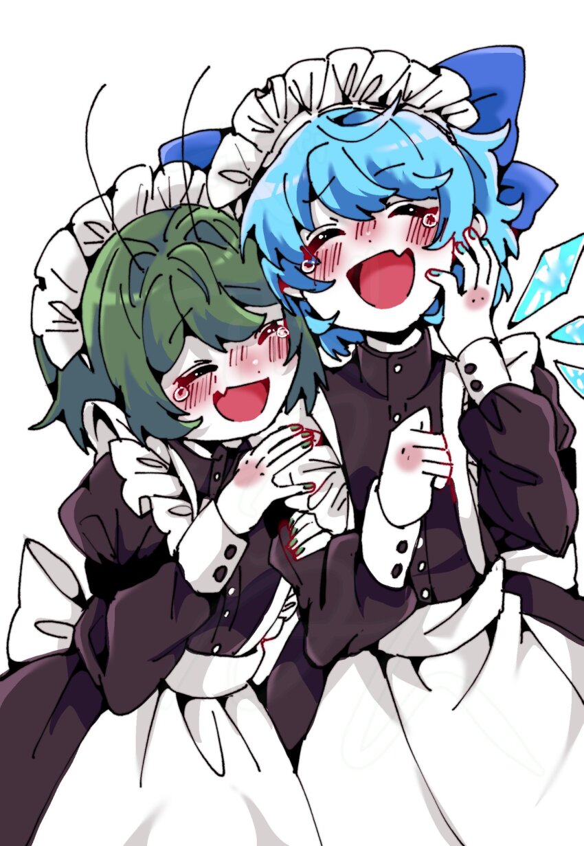 2girls :d alternate_costume antennae apron black_dress blue_eyes blue_hair blush bobotatamu buttons cirno commentary_request cowboy_shot dress enmaided fang fingernails frilled_apron frilled_dress frills green_hair green_nails grey_background hair_intakes highres ice ice_wings juliet_sleeves laughing long_sleeves maid multiple_girls open_mouth puffy_sleeves short_hair simple_background skin_fang smile touhou translation_request white_apron wings wriggle_nightbug