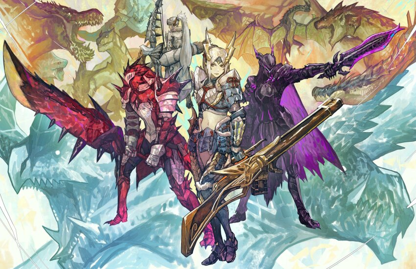 2girls 2others alatreon armor arrow_(projectile) bow_(weapon) breasts dah&#039;ren_mohran deviljho dragon gloves gore_magala_(armor) highres horns lagiacrus legiana legiana_(armor) long_hair monster monster_hunter_(series) multiple_girls multiple_others navel orange_eyes plesioth ponytail rathalos rathalos_(armor) shagaru_magala spiked_wings subakeye sword thighhighs tigrex weapon zamtrios zinogre_(armor)
