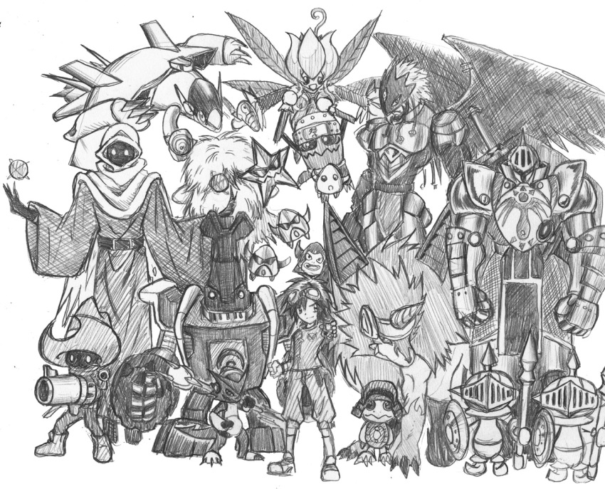 armor ballistamon beelzebumon_(digimon_xros_wars) belt chibickmon chibikamemon claws digimon digimon_xros_wars dondokomon dorulumon hat horns jijimon knightmon kudou_taiki lilimon pawnchessmon_(white) pickmon pickmon_(normal) pickmon_(rare) pickmon_(sunglasses) revolmon robot scarf shoutmon smile sparrowmon wisemon