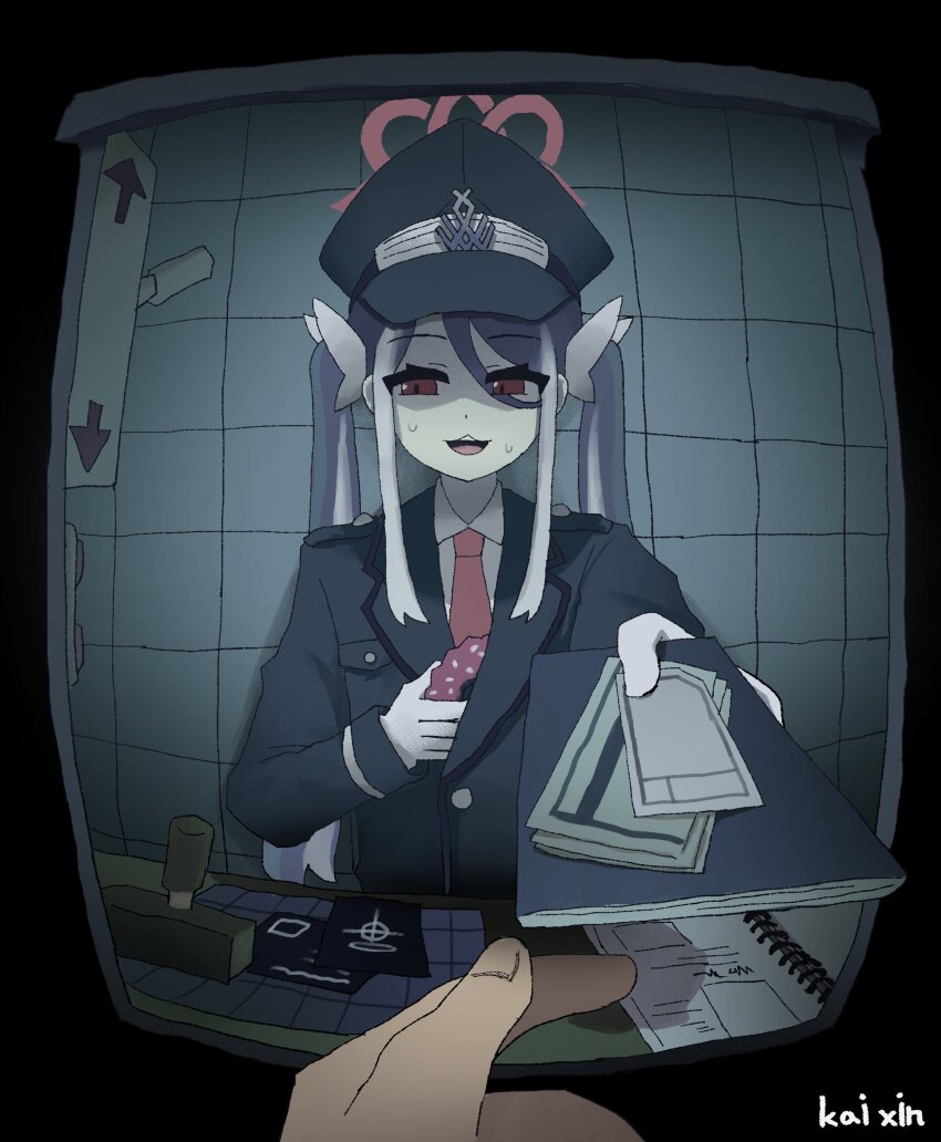 1girl 1other absurdres blue_archive blue_hair donut food fubuki_(blue_archive) giving halo hat highres indoors kai_xin necktie papers papers_please passport police police_hat police_uniform policewoman red_eyes red_halo schale_logo