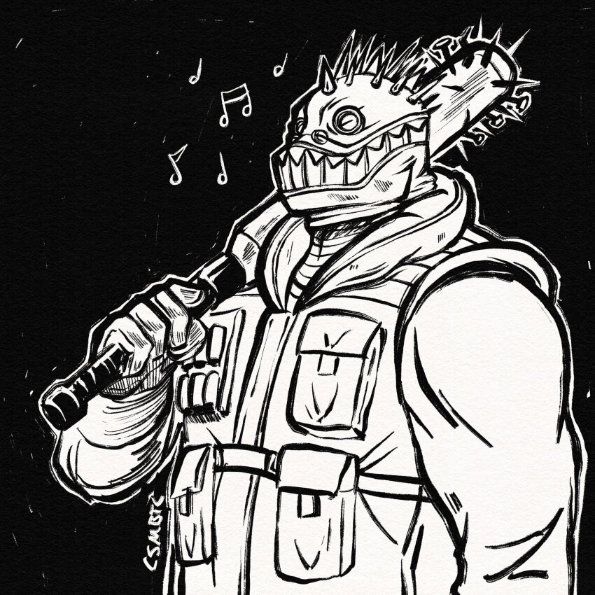 1boy baseball_bat black_background caiman_(dorohedoro) csmbtc dorohedoro greyscale highres hood hood_down inktober jacket male_focus mask monochrome muscular muscular_male musical_note nail nail_(hardware) nail_bat over_shoulder pocket signature simple_background sleeveless sleeveless_jacket solo spiked_hair upper_body