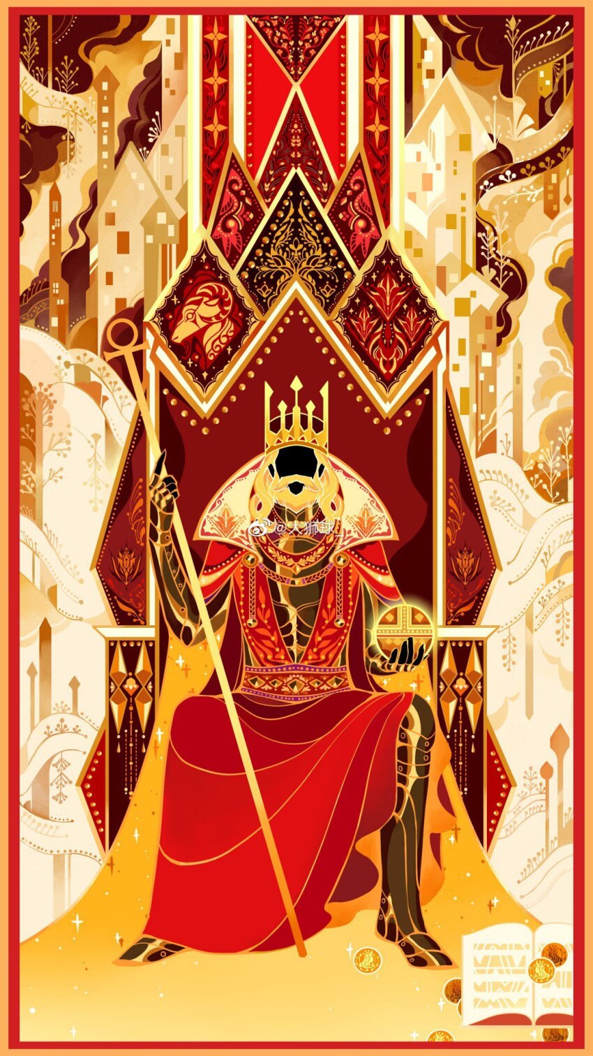 1boy banner beard blonde_hair book border cape card_(medium) castle center_opening chinese_commentary coin commentary_request crown damaoye faceless faceless_male facial_hair full_body globus_cruciger highres holding holding_orb holding_scepter king male_focus medium_hair mustache open_book original pectoral_cleavage pectorals red_border red_robe red_sash robe sash scepter short_sleeves sitting skeleton solo sparkle tarot tarot_(medium) the_emperor_(tarot) throne watermark weibo_watermark white_background yellow_cape yellow_headwear
