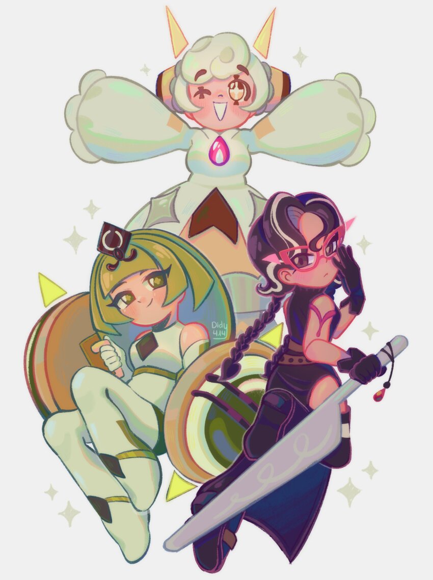 3girls absurdres barefoot bodysuit brown_hair choco_drizzle_cookie cookie_run cookie_run:_kingdom didy414 dress gloves green_eyes green_hair green_tea_mousse_cookie highres hime_cut holding holding_shield humanization long_hair looking_at_viewer multiple_girls pudding_a_la_mode_cookie shield shirt short_hair simple_background smile straight_hair white_background white_bodysuit