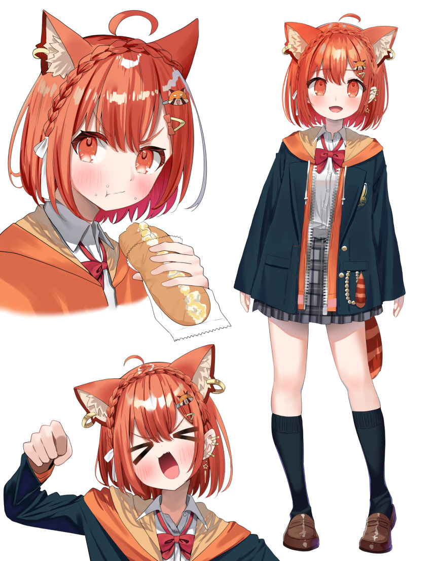 &gt;_&lt; 1girl :d :t ahoge animal_ear_fluff arm_up black_jacket black_socks blush bow braid bread brown_shoes clenched_hand closed_eyes closed_mouth collared_shirt commentary_request crown_braid drawstring dress_shirt ear_piercing eating food food_on_face grey_skirt hair_between_eyes hair_ornament head_tilt highres holding holding_food hood hood_down hooded_jacket jacket k_mugura loafers long_sleeves multiple_views nijisanji open_clothes open_jacket open_mouth orange_eyes orange_hair orange_jacket piercing plaid_clothes plaid_skirt pleated_skirt ratna_petit red_bow red_panda_ears red_panda_girl red_panda_tail school_uniform shirt shoes simple_background skirt sleeves_past_wrists smile socks striped_tail tail v-shaped_eyebrows virtual_youtuber white_background white_shirt xd