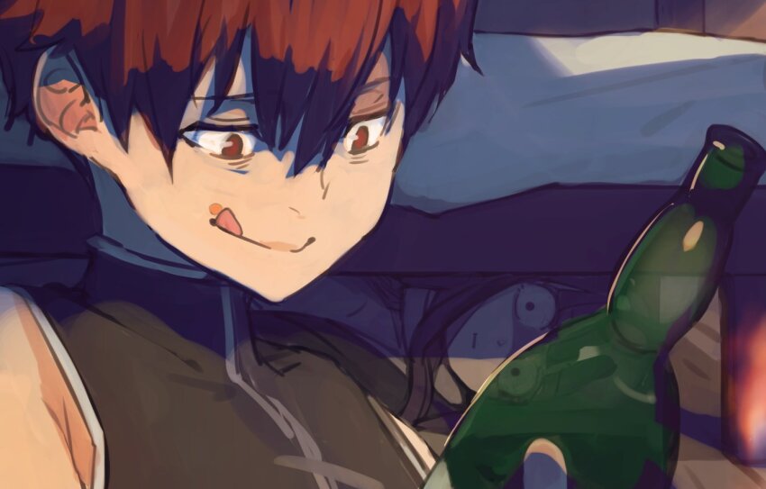 1boy 1girl :| bed bedroom black_tunic bottle closed_mouth crazy_eyes fern_(sousou_no_frieren) glass_bottle half-closed_eyes higemu holding holding_bottle indoors licking_lips long_hair looking_at_another lying on_side purple_hair red_eyes red_hair short_hair smile sousou_no_frieren stark_(sousou_no_frieren) tongue tongue_out tunic under_bed when_you_see_it wide-eyed