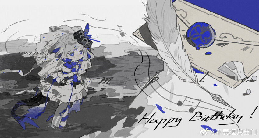 1girl blue_eyes blush dress highres original quill standing watermark weibo_6992685970 weibo_watermark white_background white_hair