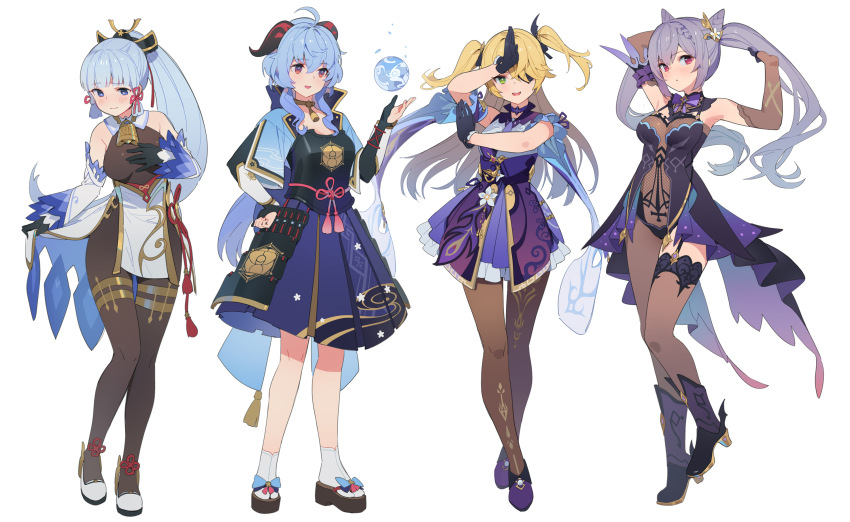 4girls ahoge arm_behind_head arm_up armor arms_up asymmetrical_legwear ayaka_(genshin_impact) bare_shoulders black_footwear black_gloves blonde_hair blue_eyes blue_hair blue_skirt blunt_bangs blunt_tresses bodystocking braid brown_pantyhose brown_thighhighs closed_mouth cone_hair_bun cosplay ddal detached_sleeves double_bun dress elbow_gloves embarrassed eyepatch fischl_(genshin_impact) fischl_(genshin_impact)_(cosplay) full_body ganyu_(genshin_impact) ganyu_(genshin_impact)_(cosplay) garter_straps genshin_impact gloves goat_horns green_eyes hair_bun hand_on_own_hip hand_up highres horns japanese_armor kamisato_ayaka_(cosplay) keqing_(genshin_impact) keqing_(genshin_impact)_(cosplay) long_hair long_sleeves looking_at_viewer multiple_girls neck_tassel pantyhose parted_lips partially_fingerless_gloves pink_eyes ponytail purple_dress purple_footwear purple_gloves purple_hair sandals simple_background single_thighhigh skirt smile socks standing tabi tassel thighhighs twintails two_side_up uneven_legwear white_background white_footwear white_socks