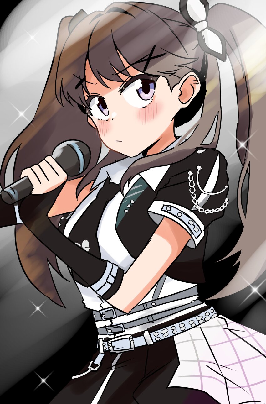 1girl absurdres alternate_costume black_background black_jacket black_necktie black_skirt blush brown_hair closed_mouth collared_shirt commentary cowboy_shot fujishima_megumi hair_intakes hair_ornament highres holding holding_microphone i_do_me!_(love_live!) jacket kanzaki_gou link!_like!_love_live! love_live! microphone necktie open_clothes open_jacket pleated_skirt purple_eyes shirt short-sleeved_jacket short_sleeves single_sleeve skirt sleeveless sleeveless_shirt solo sparkle twintails virtual_youtuber white_shirt x_hair_ornament