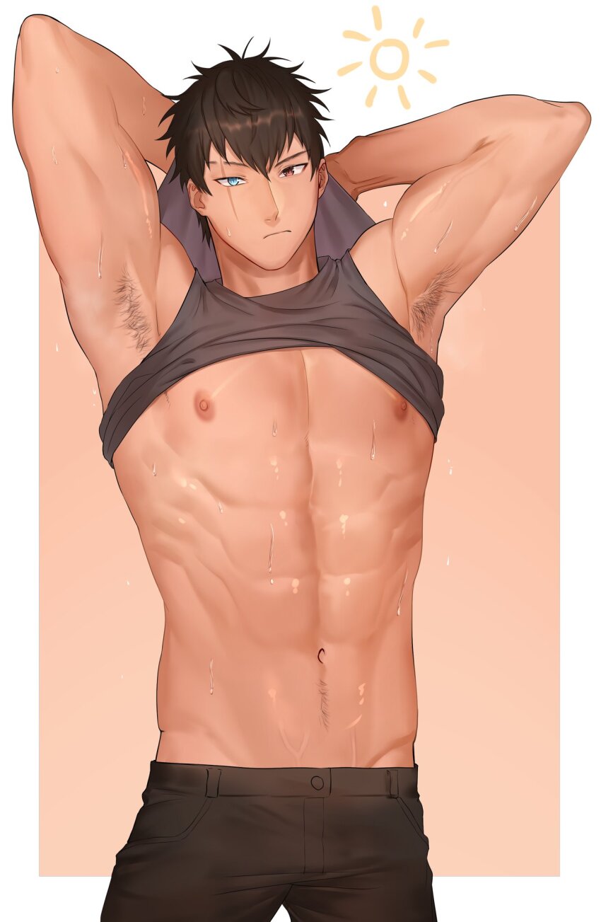 1boy abs armpit_hair armpits black_tank_top blue_eyes brown_hair brown_pants closed_mouth clothes_lift heterochromia highres male_focus muscular muscular_male navel nipples original pants red_eyes scar scar_across_eye scar_on_face shirt_lift short_hair solo stomach tank_top zhineart
