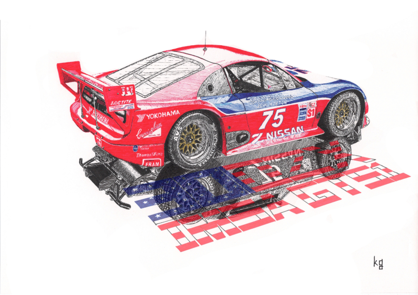 absurdres american_flag car highres imsa_gt_championship kg_(33san-team) motor_vehicle nissan nissan_300zx nissan_300zx_(z32) nissan_fairlady_z no_humans race_vehicle racecar radio_antenna reflection spoiler_(automobile) traditional_media vehicle_focus vehicle_name white_background