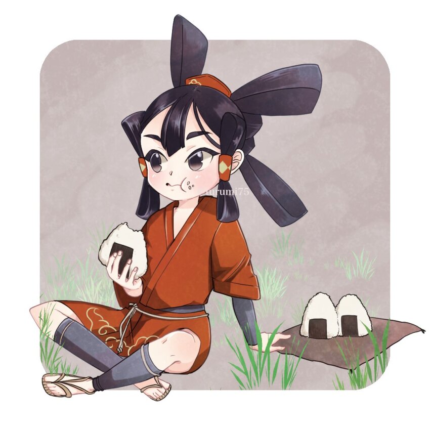 1girl bad_id bad_twitter_id black_eyes black_hair eating flat_chest food food_on_face full_body grass japanese_clothes kimono looking_to_the_side mizura nago_(turumi75) onigiri red_kimono sakuna-hime sitting solo tensui_no_sakuna-hime