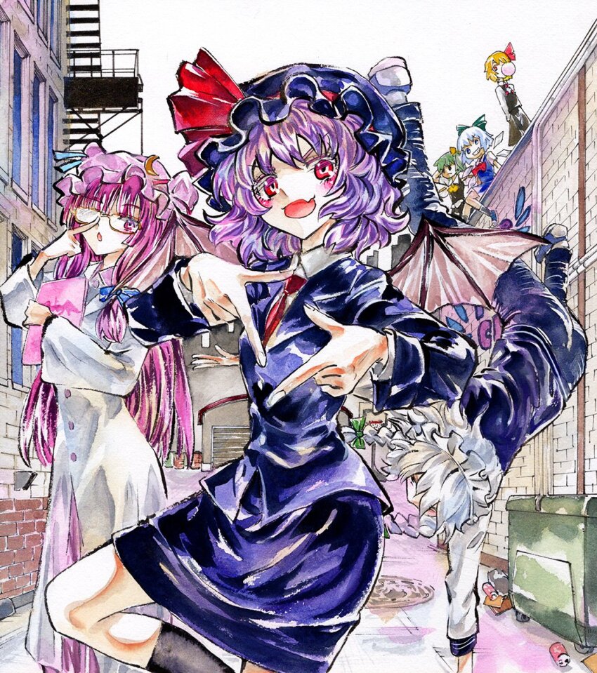 6+girls alley alternate_costume bat_wings cirno colored_pencil_(medium) daiyousei dress formal_clothes highres izayoi_sakuya kabaji long_dress miniskirt multiple_girls patchouli_knowledge pencil_skirt purple_hair remilia_scarlet rumia skirt skirt_suit sky smile suit tagme touhou traditional_media trash white_sky wings
