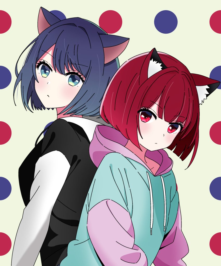 2girls absurdres animal_ears arima_kana black_hoodie blue_hair blue_hoodie bokutaaaa cat_ears cat_girl highres hood hoodie kurokawa_akane lying multicolored_hoodie multiple_girls on_back oshi_no_ko pink_hoodie polka_dot polka_dot_background red_hair short_hair white_hoodie