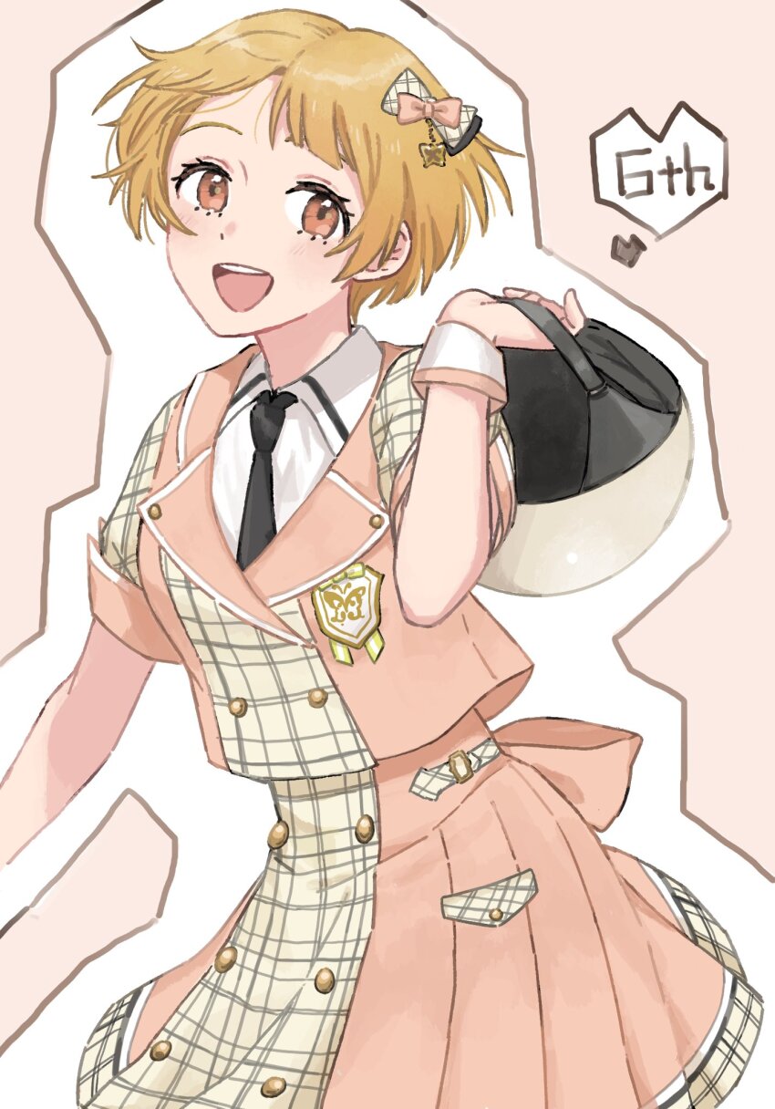 1girl :d anniversary black_necktie blonde_hair bow buttons chin_strap collared_shirt commentary cowboy_shot cropped_jacket dot_nose double-breasted emblem fukuda_noriko future_signature_(idolmaster) hair_bow hand_up heart helmet high-waist_skirt highres holding holding_helmet idolmaster idolmaster_million_live! idolmaster_million_live!_theater_days jacket kuuko_(inzm39) lapels light_blush looking_at_viewer multicolored_jacket necktie notched_lapels official_alternate_costume open_mouth orange_eyes pink_background pink_jacket pink_skirt plaid_clothes plaid_jacket plaid_skirt pleated_skirt shirt short_hair short_sleeves skirt skirt_set sleeves_rolled_up smile solo symbol-only_commentary teeth two-tone_jacket two-tone_skirt upper_teeth_only white_helmet white_shirt white_wrist_cuffs wrist_cuffs