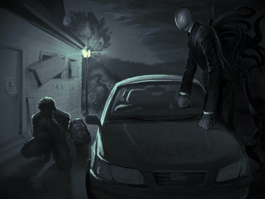 backpack bag black_gloves black_hair black_suit boarded_windows car charles_matheson clenched_hand covering_face creepypasta dark deftnm dim_lighting faceless forest formal_clothes gloves hand_on_own_face highres horror_(theme) house kneeling lamppost limited_palette motor_vehicle nature night short_hair slender_man suit tentacles tree wanted_poster
