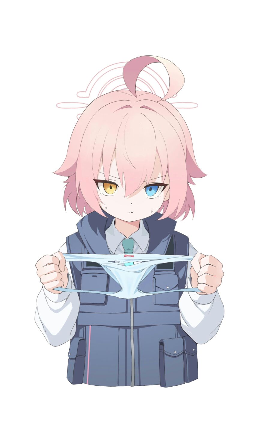 1girl absurdres ahoge blue_archive blue_eyes blue_necktie blue_vest blush bulletproof_vest collared_shirt foreclosure_task_force_(blue_archive) halo heterochromia highres holding holding_panties holding_underwear holding_unworn_clothes hoshino_(blue_archive) hoshino_(first_year)_(blue_archive) hoshino_(young)_(blue_archive) huge_ahoge looking_at_viewer necktie panties pink_hair pink_halo quel_(quel1111) shirt solo sweat underwear utility_vest vest yellow_eyes